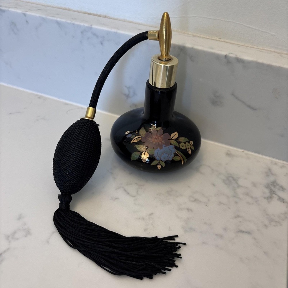 Vintage Nat Robbins Black Glass Floral Painted Perfume Spray Bottle Atomizer